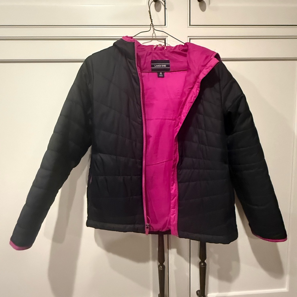 Lands' End Kids' Puffer Jacket - Black with Pink Lining